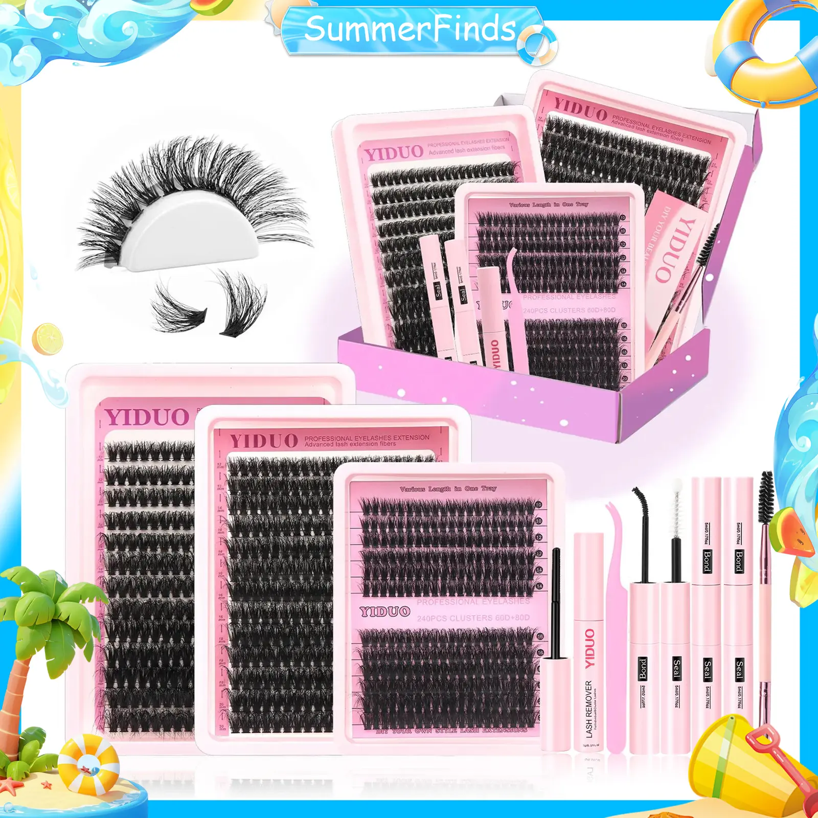 YIDUO Eyelash Extension Kit with 2X Bond&Seal 10-20mm 60D+80D+100D Volume 3D Lash Clusters Kit 3 Styles 760Pcs Wispy Natural Soft DIY Individual Lash Clusters Kit Box for Beginners