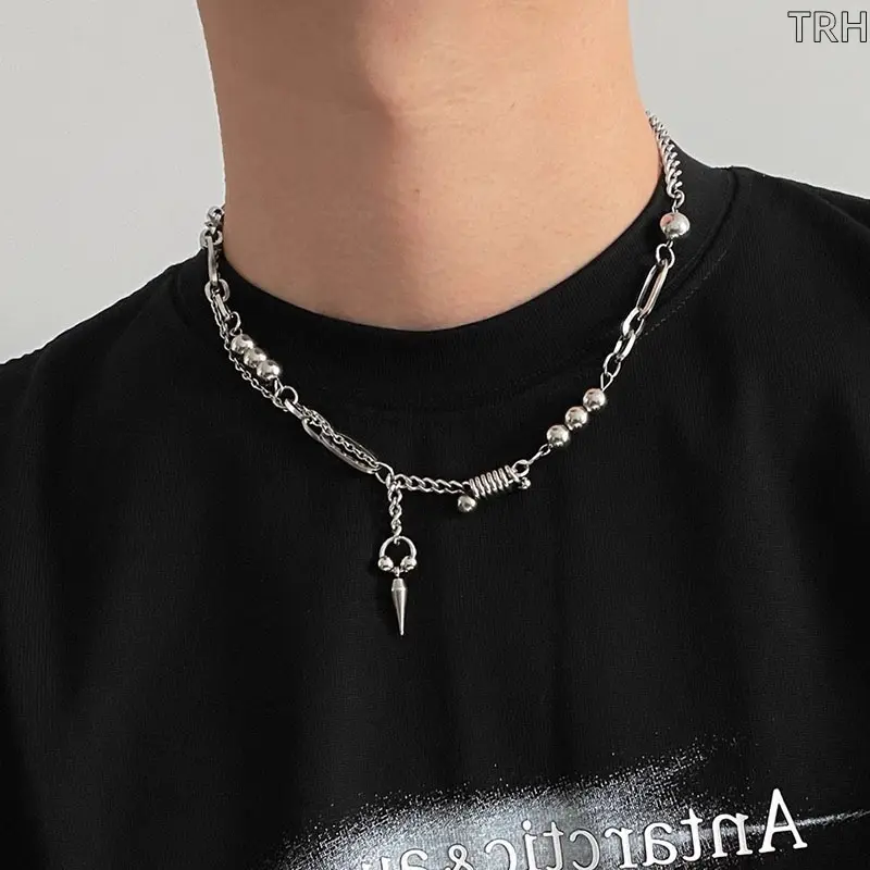 316L Stainless Steel Mixed Chain Spike Pendant Necklace for Men Women, Silver Ball Paperclip Cable Chain Gothic Rivet Clavicle Chain, Anti-Tarnish Cool Grunge Hip Hop Layering Neck Jewelry for Street Punk Daily Outfits