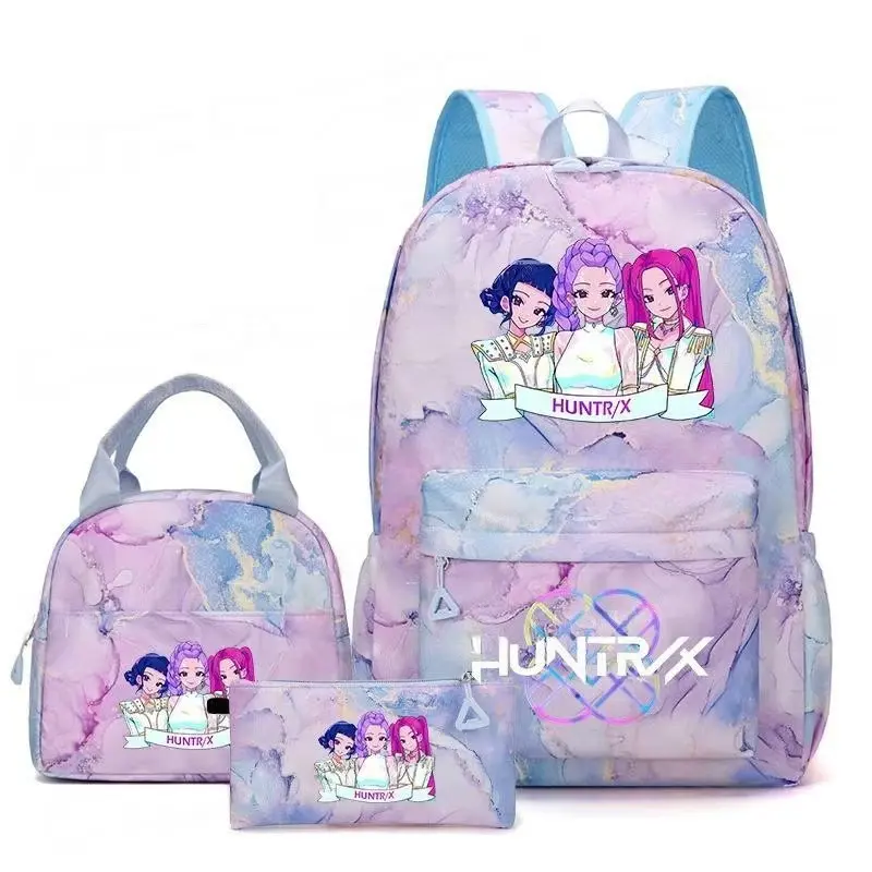 HUNTRX Kpop Girl Group Printed Backpack Set 3 Pieces, Cute Marble Pattern School Backpack with Lunch Box Bag and Pencil Case, Water Resistant Lightweight Large Capacity Bookbag for Girls Kids Elementary Middle School Students