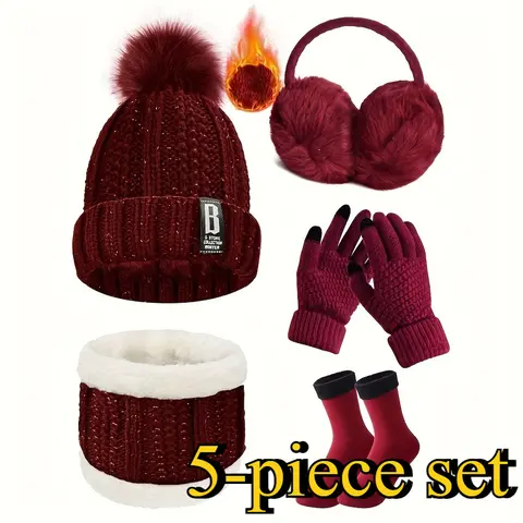 5PCS/Set Winter Sports Accessory Set - Knitted Urinal Cap, Neck Warmer, Touchscreen Gloves, Plush Earmuffs, Skiing, Cycling, Hiking Warm Socks - Outdoor Equipment Set,sohochic