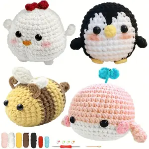Crochet Kit for Beginners Adults – 4PCS Animal Amigurumi Yarn Craft Kit with Hooks, Tools & Video Tutorials – DIY Crochet Starter Set (Chick, Whale, Penguin, Bee)