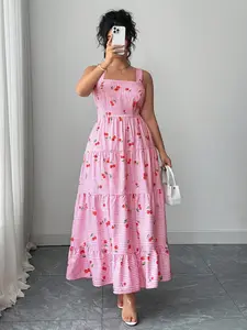 Plus Size Women's Plaid Cherry Print Dress, Square Neck Ruched Bust Layered Hem, Thin Strap Sun Dress for Summer Vacation
