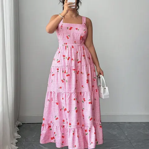 Plus Size Women's Plaid Cherry Print Fit Casual Printed Dress, Square Neck Ruched Bust Layered Hem, Thin Strap Sun Dress for Summer Vacation, beach sleeveless dress, Womenswear