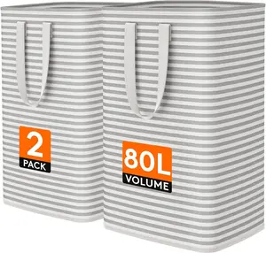 2 Pack Laundry Basket 80L Each, Collapsible Clothes Hamper with Reinforced Handles, Freestanding Waterproof Design for Bedroom and Laundry Room, Grey 160L Total