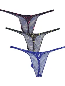 Men's Printed Thongs Set of 3, Sexy Slim Fit Mesh Breathable Underwear, All Season Comfortable Gym Shorts, Contrast Binding Design, Breathable Undergarments