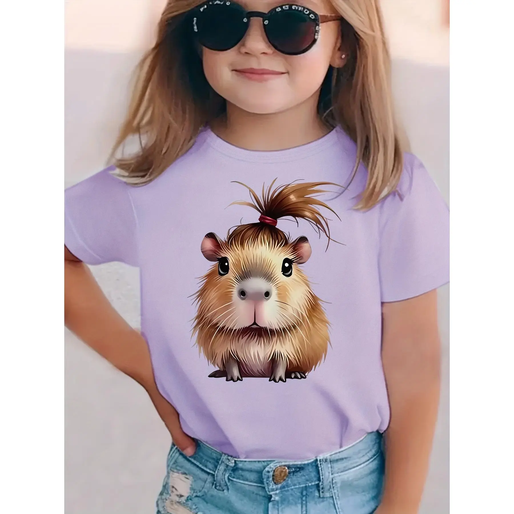 Girls' Graphic T-Shirt with Cute Capybara Cartoon Print, Short Sleeve Crew Neck in Medium Stretch Polyester for Spring, Summer & Fall, Cartoon Print Tee, Graphic Printed Tee