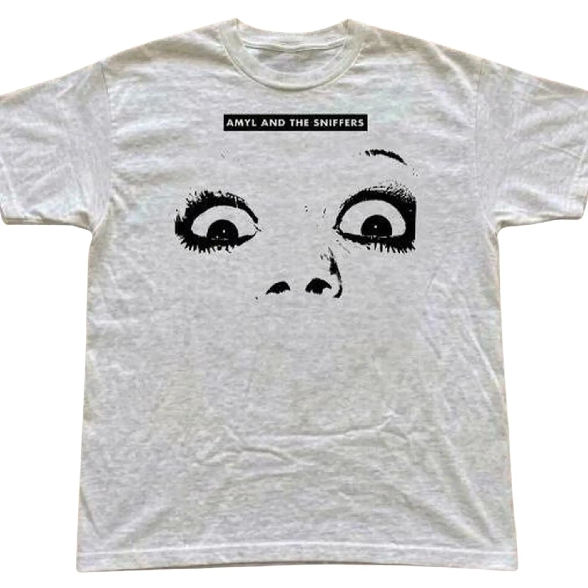 Amyl And The Sniffers Band Graphic T-Shirt, High Contrast Black Monochrome Wide Eyed Shocked Face Sketch Under Bold Box Text, Unisex Streetwear Tee For Rock Music Fans, Retro Vintage Outfit