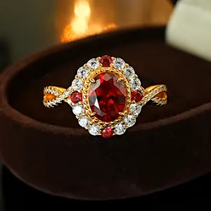 Red Oval Ring for Women, Golden CZ Halo Statement Ring, Vintage Garnet Color Engagement Ring, Elegant Fashion Jewelry, Wedding Party Gift Accessory
