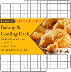 2PCS Cooling Racks for Cooking and Baking - 10" X 15"Heavy Duty Stainless Steel Wire Rack for Baking, Grilling, Roasting - Oven & Dishwasher Safe - Fits Jelly Roll Sheet Pan-Silver Qukaka