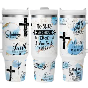 1 piece 40 oz Faith & Strength Christian Thermos Cup, with handle and lid, featuring inspiring Bible verses and a cross design, stainless steel double-walled vacuum insulated travel cup, Sippy Cup Straw Sublimation Cup The Ordinary Water Bottle