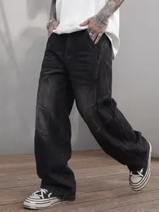 Men's Wide Leg Classic Jeans, Vintage Washed Denim Long Pants, Loose Fit Hip Hop Style, Button Fly, Natural Waist, Casual Wear