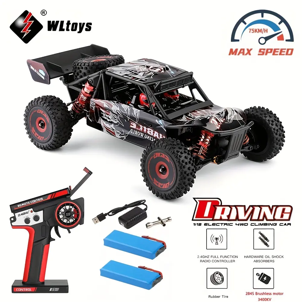 WLtoys 124016 Brushless RC Car - 75 KM/H High-Speed, 2.4G 4WD Electric Off-Road Drift Racing Toy, Rubber Tires, 2200mAh 2 Batteries, 35.6*20.8*12.3cm, 1.089kg, High Stability, Strong Wear Resistance for Boys