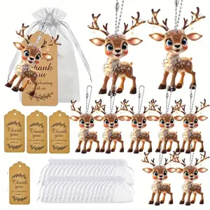Christmas Deer Acrylic Keychains, Cute Keychain, 10pcs Reindeer Keyrings with Organza Bags & Thank You Cards, Perfect for Weddings, Birthdays, Holidays