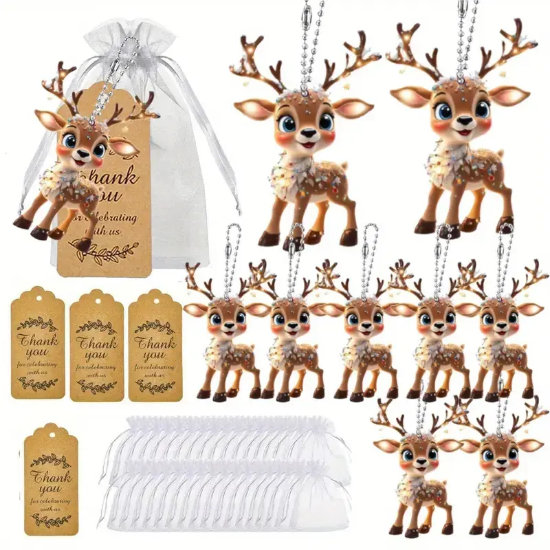Christmas Deer Acrylic Keychains, Cute Keychain, Aesthetic Keychain, Keychain Set, 10pcs Reindeer Keyrings for keys with Organza Bags & Thank You Cards, Perfect for Weddings, Birthdays, Holidays