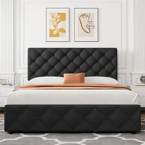 Queen Size Bed Frame with 4 Storage Drawers and Adjustable Headboard,Faux Leather Upholstered Platform Beds, Diamond Stitched Button Tufted, No Box Spring Needed
