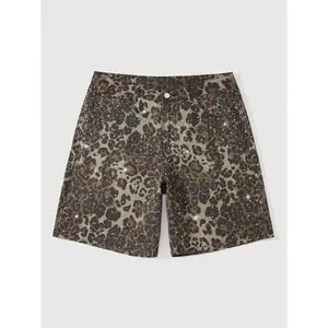 ROMWE MEN Street Life Men's Rhinestone Leopard Print Pocket Summer Casual Denim Shorts