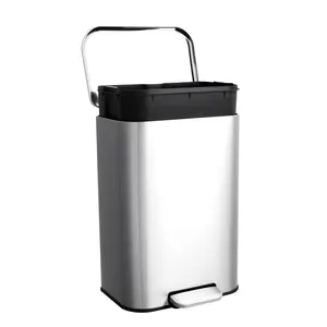 Kitchen Trash Can with Soft-Close Lid, Step Garbage Can with Removable Inner Bucket, Stainless Steel Recycling Bin, Rectangular Waste Container for Living Room, Office