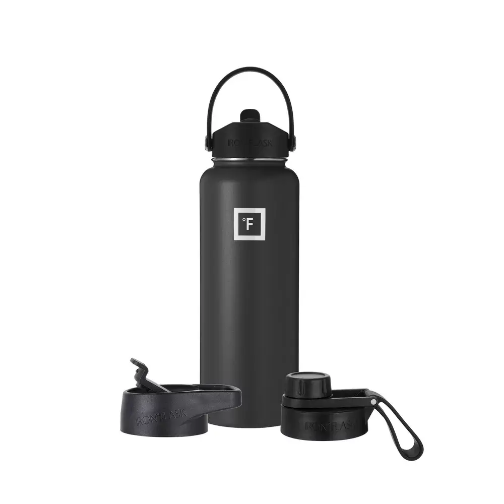 IRON FLASK 40oz Wide Mouth Sports Water Bottle - 3 Lids Leak Proof Double Walled Vacuum Insulated - Midnight Black: Stainless Steel Reusable