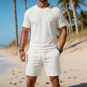 Men's three-dimensional pattern sports and casual short-sleeved shirt and shorts set, loose and comfortable, suitable for home wear, beach vacation, daily street wear, and commuting, two-piece set