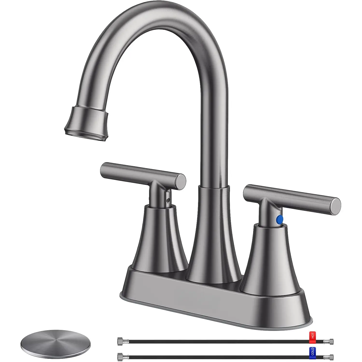 Bathroom Faucets for Sink 3 Hole,  4 inch Brushed Grey Bathroom Sink Faucet with Pop-up Drain and  Hoses, Stainless Steel  Centerset Touch On Faucets for Vanity RV