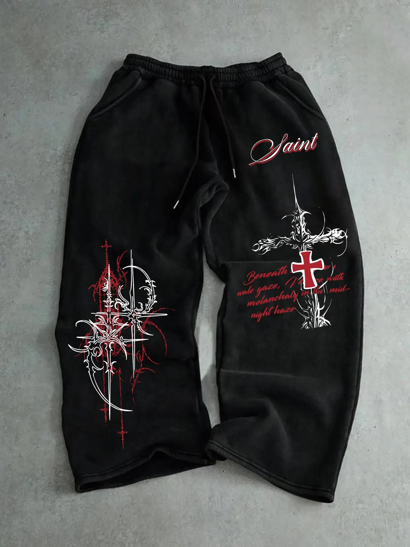 Y2K Gothic Baggy Joggers for Men Women, Cyber Streetwear Graphic Sweatpants with Red Cross & Saint Script, Oversized Grunge Trousers for Dark Aesthetic Street Style OOTD, Athleisure Style Bottoms