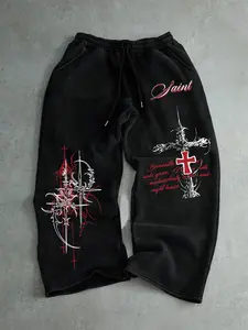 Y2K Gothic Baggy Joggers for Men Women, Cyber Streetwear Graphic Sweatpants with Red Cross & Saint Script, Oversized Grunge Trousers for Dark Aesthetic Street Style OOTD