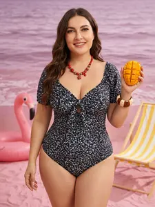 Plus Size Floral Print One-Piece Swimsuit, Retro Style with Front Tie Cutout, Puff Sleeve Design for Curvy Women, Floral Swimsuits