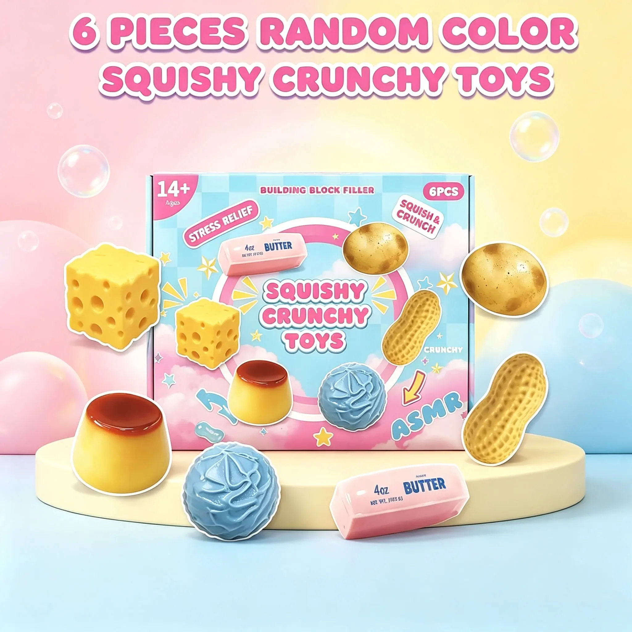 6-Pack Random Color Food-Shaped Squishy Crunchy Toys, ASMR Crunch Sound, Stress Relief Fidget Decompression Squeeze Toys for Party & Daily Play