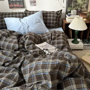 Gingham Duvet Cover Set Twin Size Brown Blue Bedding Set for Girls Boys,Vintage Buffalo Plaid Duvet Comforter Cover with Grid Pattern with Zipper Closure and 1 Pillowcase