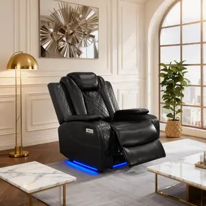 Black Quilted Leather Massage Recliner Electric Lift Full Body Massage with Blue LED Lights for Home Theater Lounge Comfort Sofa Armrests Power