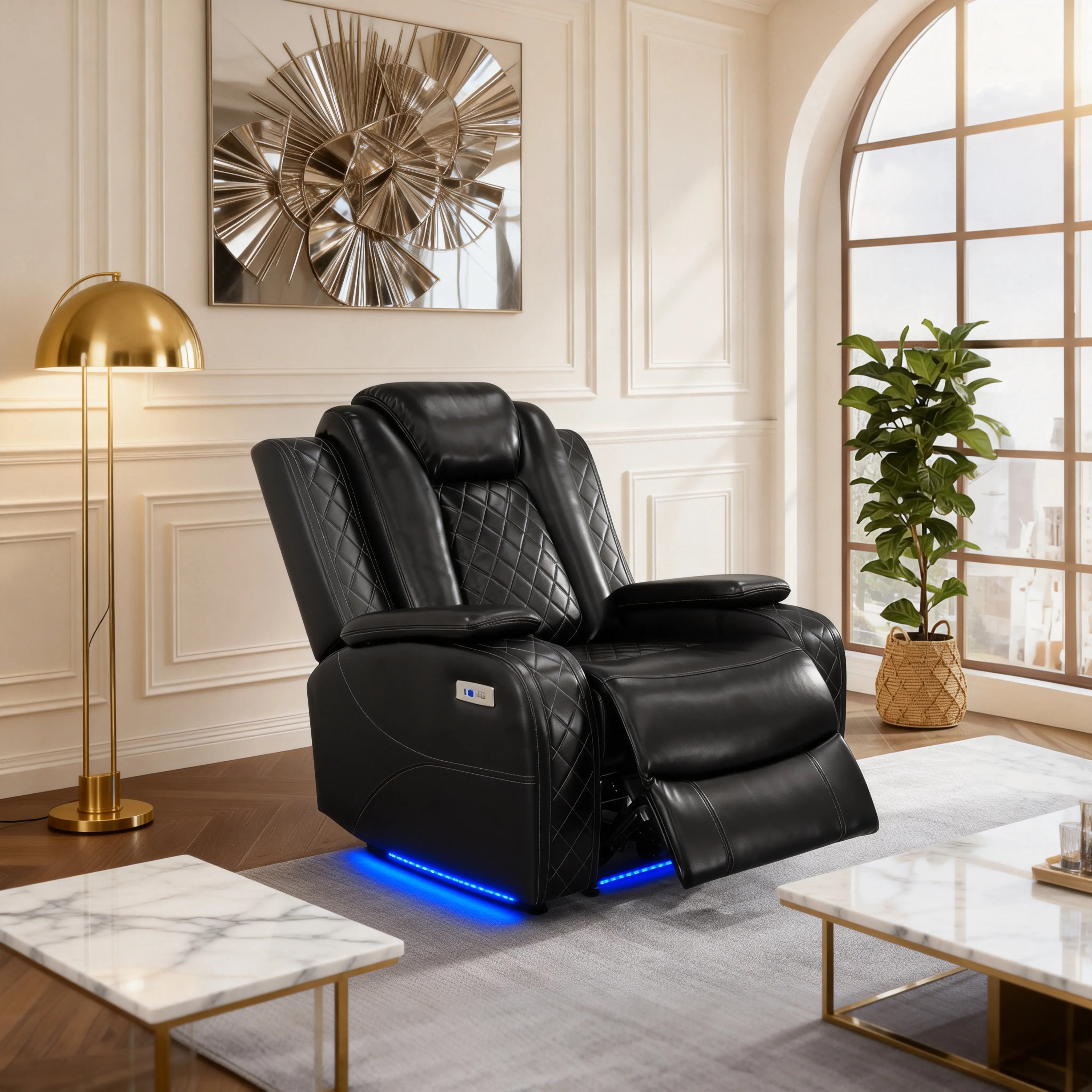 Luxurious Black Quilted Leather Electric Lift Massage Recliner Chair - Height-Adjustable, Full-Body Massage, Blue LED Lights, Power Armrests, Stress Relief for Home Theater, Lounge Use