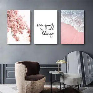3-piece Set Vertical Rectangular Modern Pink Floral Canvas Painting - Beautiful Beach Style Decorative Painting with Inspirational Quotes - Perfect Living Room and Bedroom Wall Art Hanging Print Gift Ornaments Decoration Artistic