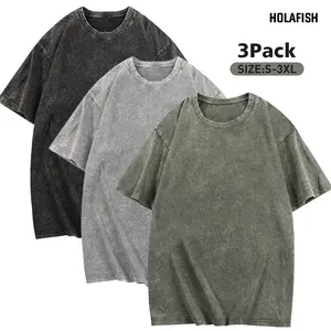 Holafish 3Pcs Unisex Acid Wash T-Shirts 100% Cotton Half Short Sleeves Casual Loose Solid Streetwear Top,Soft Retro Street T-Shirts,Loose Fit Acid Washed