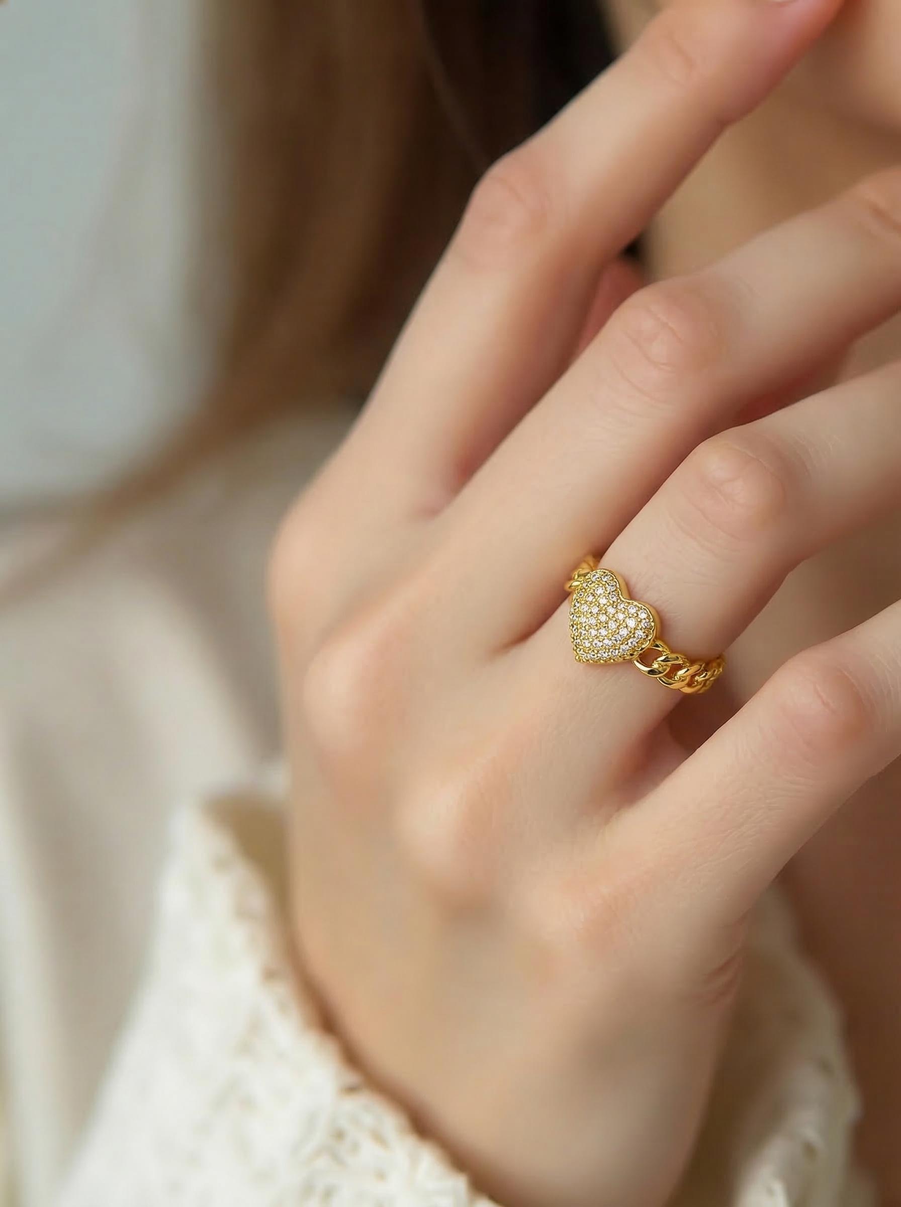 Exquisite Micro Paved CZ Heart Ring, Gold Plated Non Tarnish Adjustable Open Ring, Elegant Statement Ring for Dating & Daily Wear