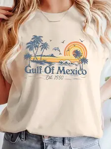 Women's Vintage Mexico Sunset Round Neck Graphic Tee, Casual Short Sleeve T-shirt for Daily Wear, Ladies Clothes for All Seasons, Summer Top, Casual Fashionable Top