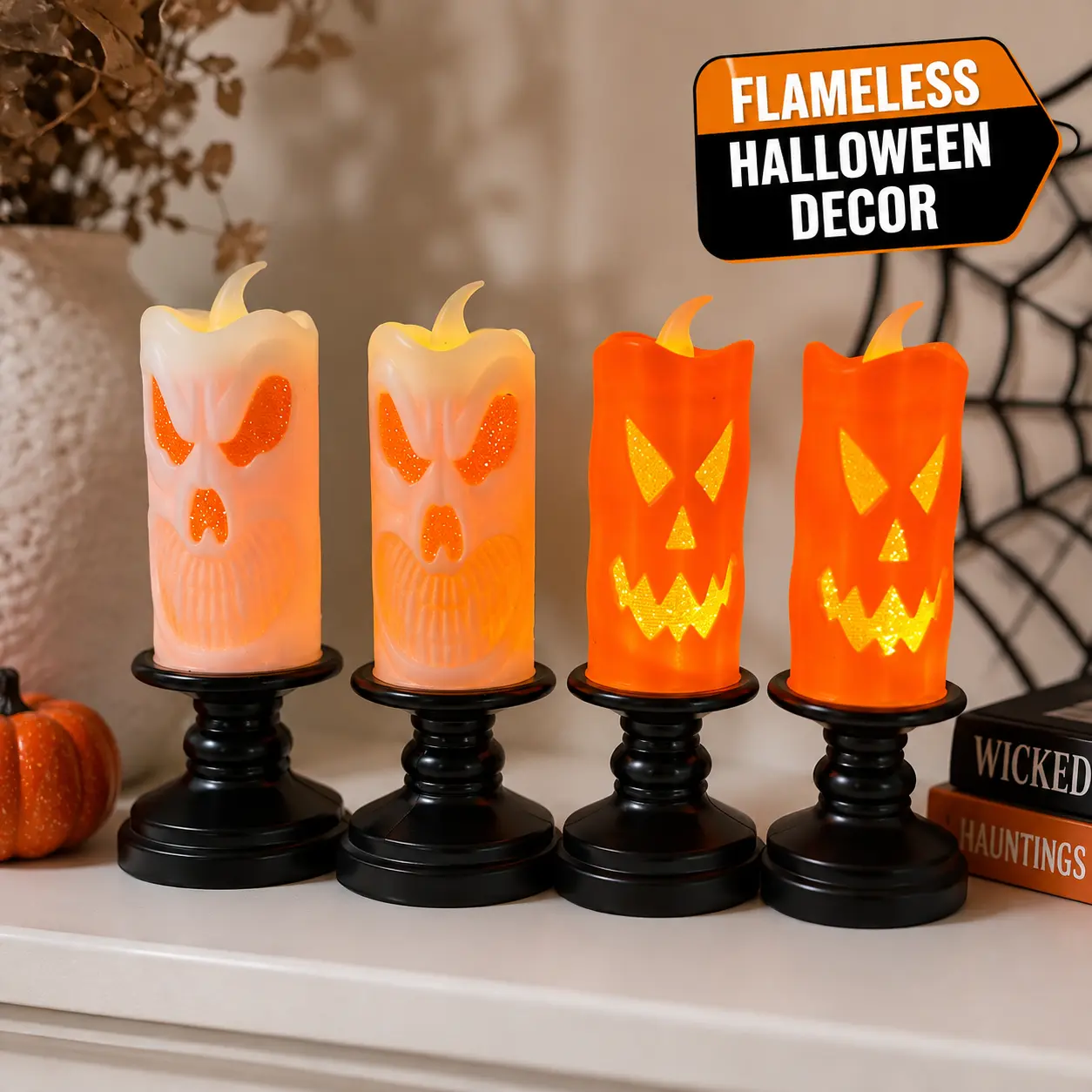 Flameless LED Halloween Decorative Candle Kit, 4-Pack Pumpkin-Bat-Skull Designs, Indoor Tabletop Party & Haunted House Decoration