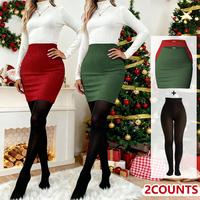 Green+Red Bodycon Skirt+ 2 Black Pantyhose
