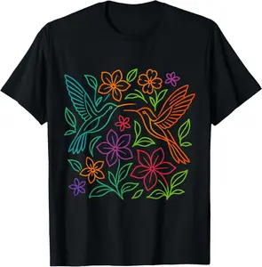 100% Cotton Hummingbirds and Tropical Flowers Line Art T-Shirt