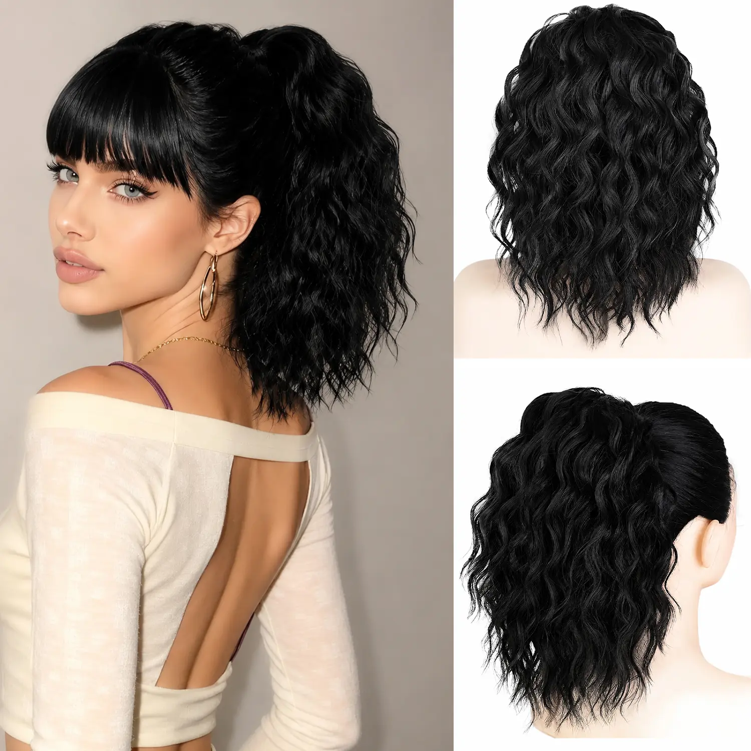 12 inch Ponytail Extension Drawstring Ponytail for Black Women Short Wavy Curly Ponytails Fluffy Natural Looking Pony Tails Hair Extensions Synthetic Hairpiece