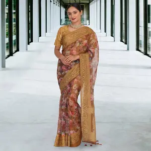 Organza digital print Banarasi Sari - Brown