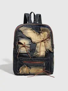 Fashion Denim-effect Backpack, Casual Colorblock Backpack for Women, High Capacity Bag, Computer Backpack, Hiking Outdoor Backpack, Stylish Daypacks