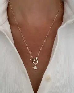 Sterling Silver Sun Necklace, Silver Toggle Necklace, Paperclip Necklace, Sun Necklace Silver, Opal Sun necklace, Gift for her, Jewelry