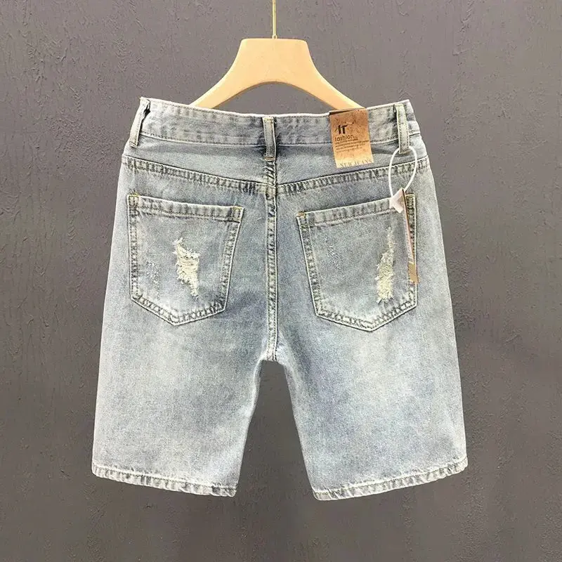 Men's Ripped Denim Shorts, Korean Style Slim Fit Distressed Stretch Cotton Jean Shorts for Daily Casual Summer Wear, Daily Casual Shorts, Korean Style Shorts