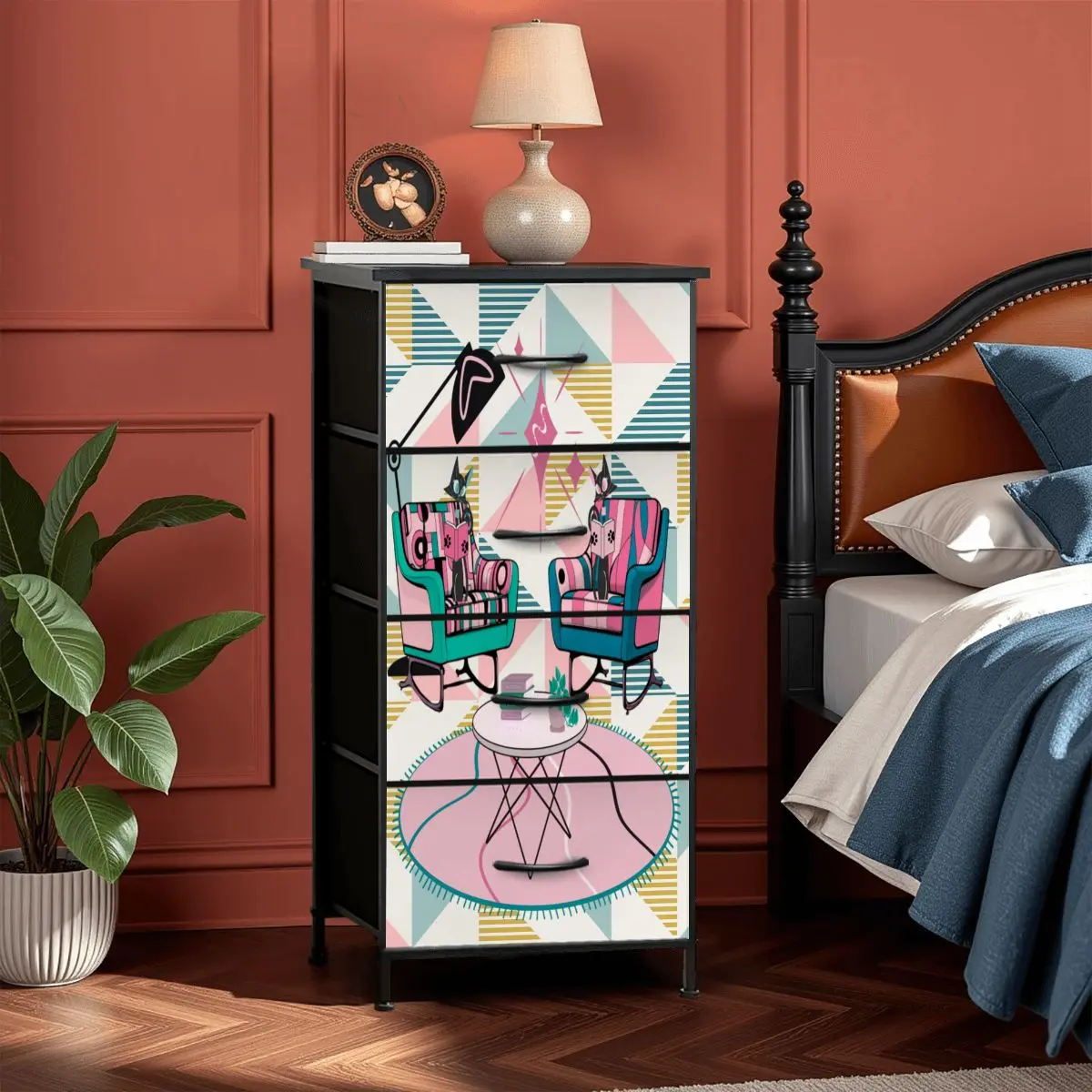 Atomic Reading Cats Kitschy Mod Retro Pink Quirky MCM 4-Drawer Dresser
