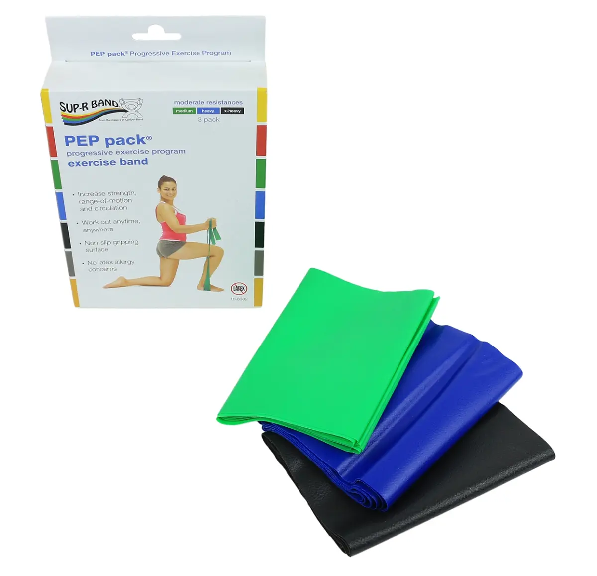 212 MAIN Sup-R Band 10-6382 Pep Pack Latex-Free 3-Pieces Durable Stretching Workout Band with Adjustable Workout Function for Fitness, Fitness Bands