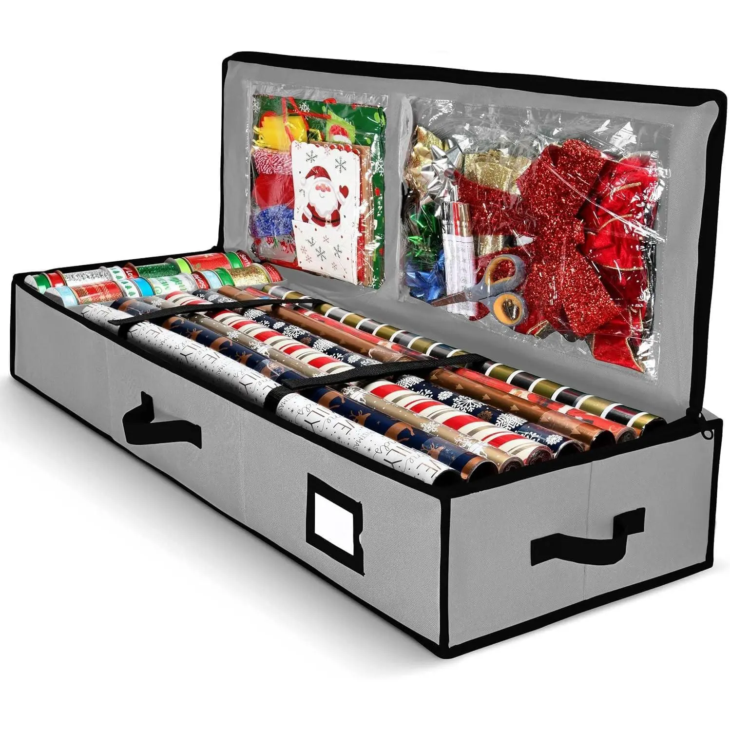 Wrap Organizer, Christmas Wrapping Paper Storage Bag w/Useful Pockets for Xmas Accessories, Fits Upto 24 Rolls, Underbed Storage for Holiday Decorations, Large Capacity Storage Box