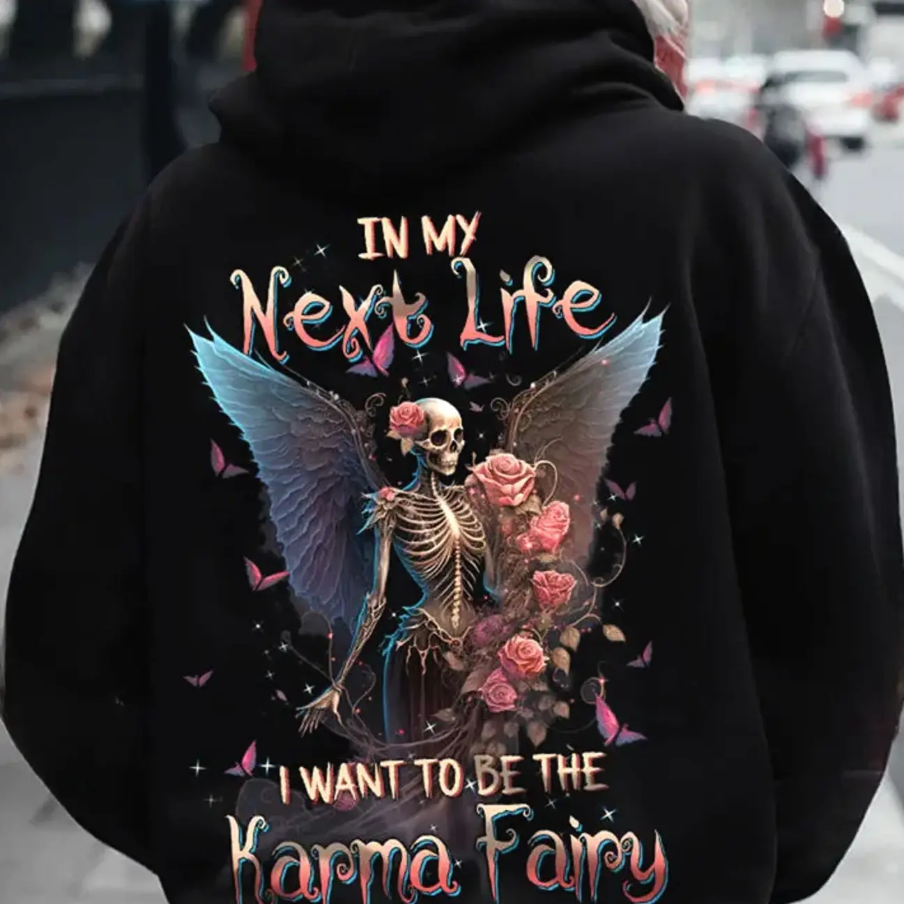 In My Next Life Karma Fairy Hoodie – Gothic Skeleton Angel Sweatshirt for Women, Karma Fairy Skeleton Hoodie for Women, Dark Feminine Gothic Hoodie, Witchy Karma Graphic Pullover, Tattoo, Bad Girls G
