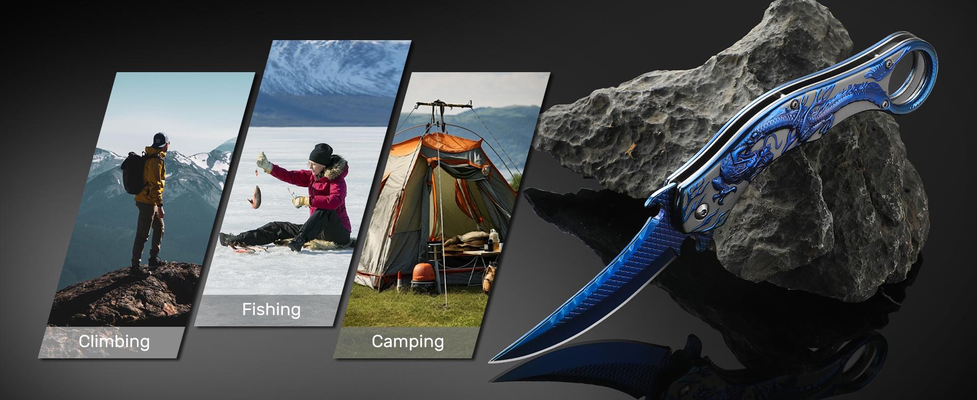 Pocket Knife,3.5" Cool Folding Knife with 3D Dragon Retro Embossed Pattern,EDC Knife with Pocket Clip and Liner Lock,Knife Gifts For Men Women,Sharp Camping Survival Hiking Knives (Blue)