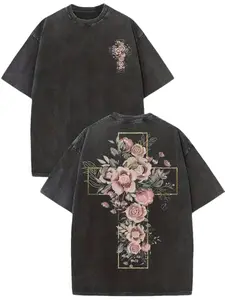 Floral Cross Graphic Washed T-Shirt, Retro Streetwear Double-Sided Print, Distressed Summer Drop-Shoulder Short Sleeve Crew Neck Tee for Men & Women, Perfect for TikTok Shop Black Friday