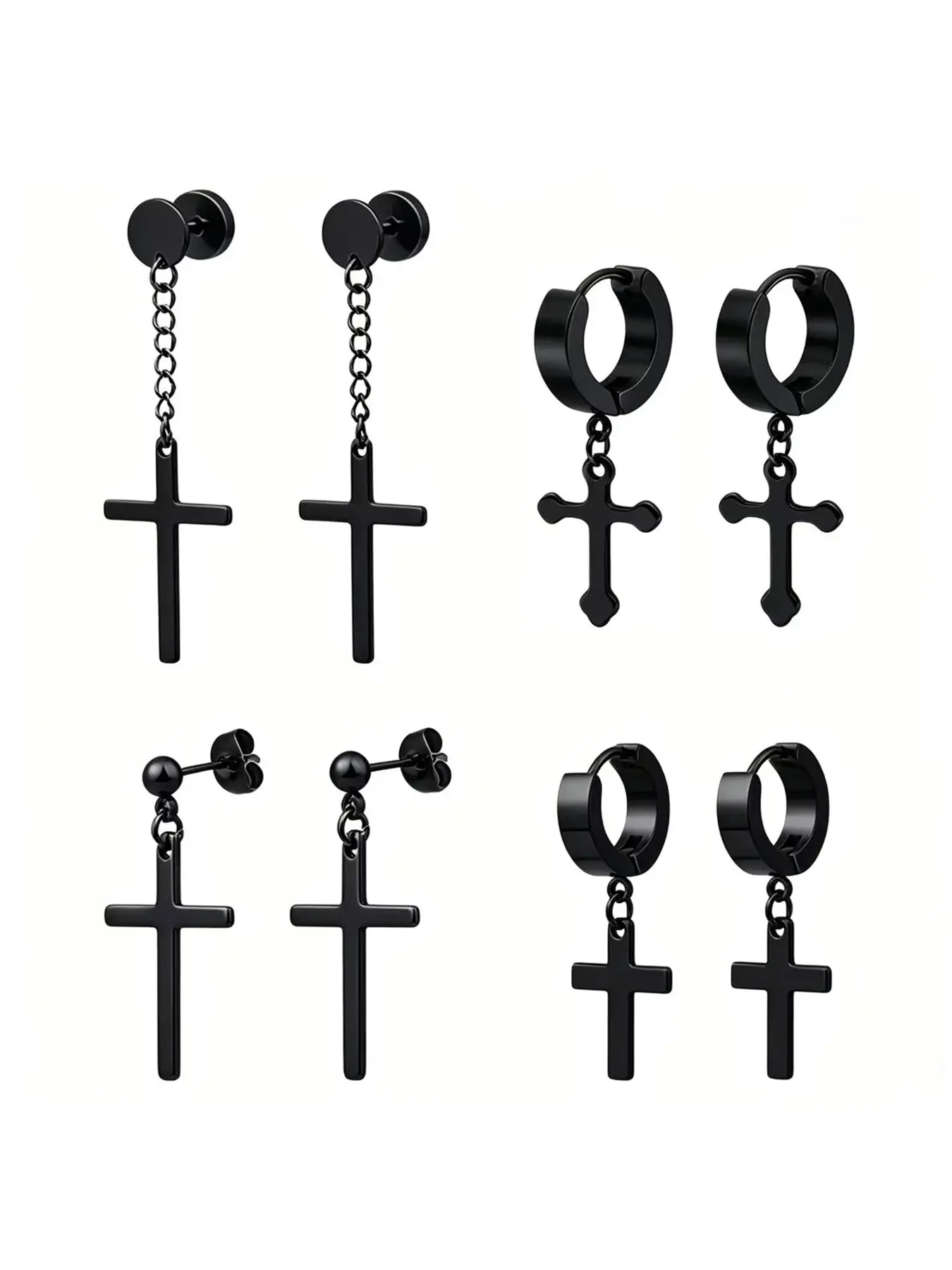 4 Pairs Unisex Stainless Steel Hoop Earrings, Earring Pack, Punk Style Hypoallergenic Cross Pendant Earrings Set, All Seasons Piercing Jewelry Hoop Shape Earrings